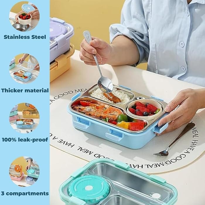 3-Compartment Stainless Steel Lunch Box with Spoon