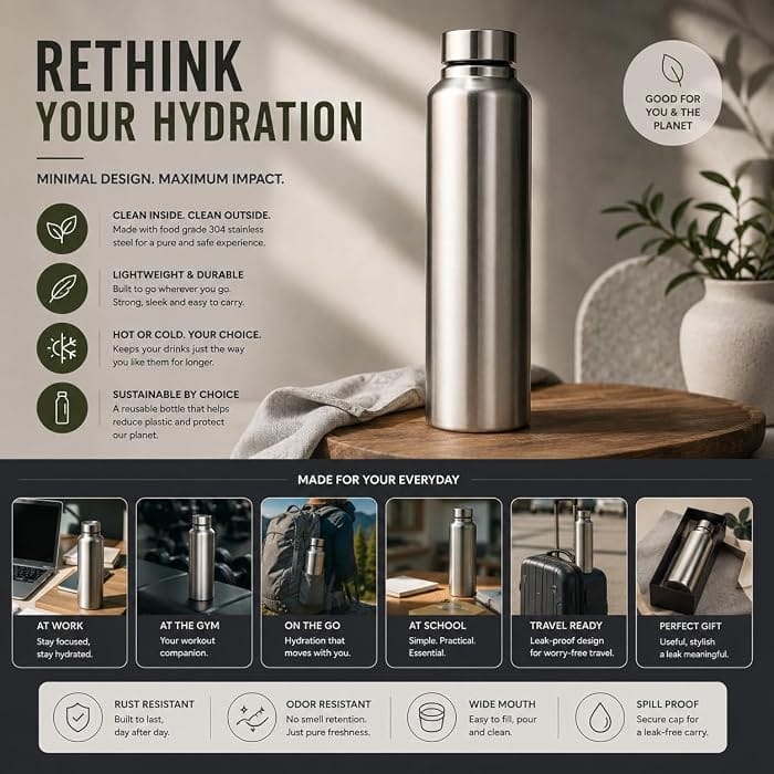 Stainless Steel Water Bottle 1000ML (Pack of 2)