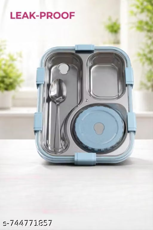 Lunch Box 3 Compartment Stainless Steel for School, Lunch Box for School & Office with a , a Spoon (Classic Blue , Happine)